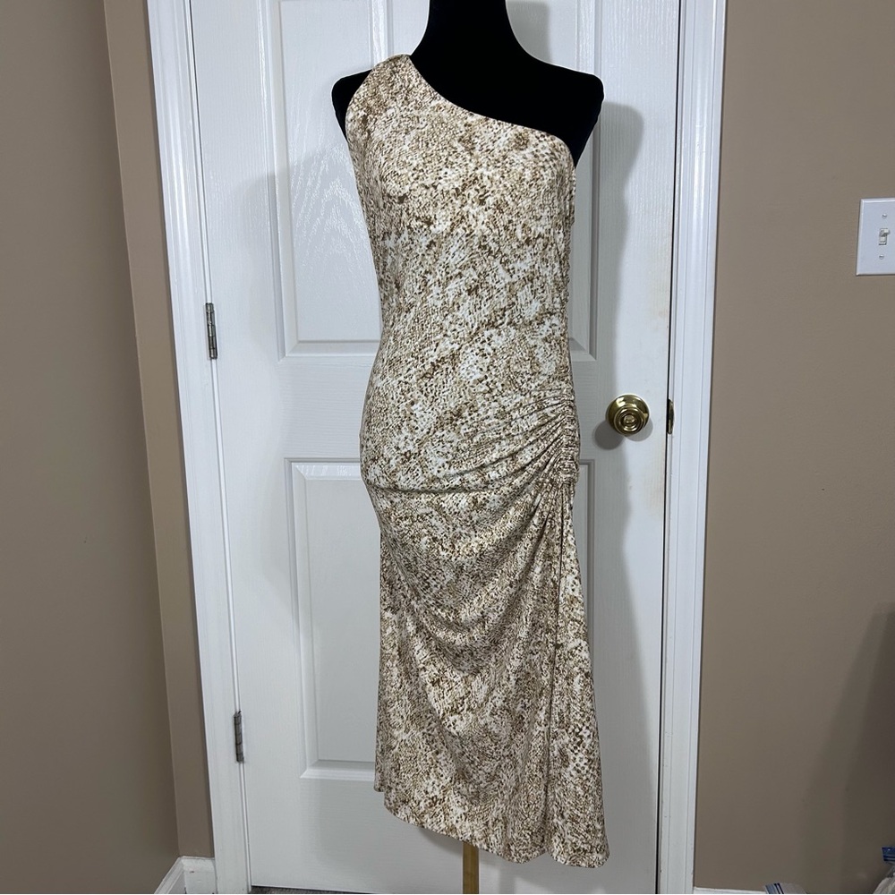 Tommy Bahama One Shoulder Ruched Midi Dress Brown Snake Print Medium Cocktail
